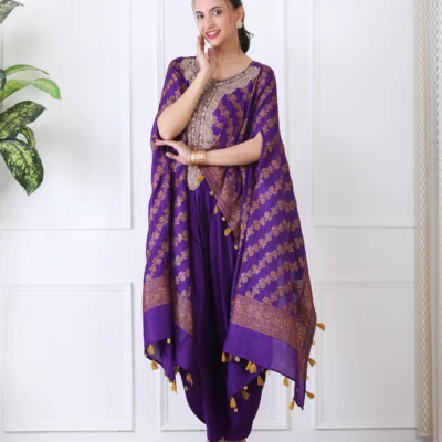 Purple Jacquard Silk Brocade Cape Set with Pipe Embroidered