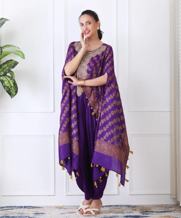 Purple Jacquard Silk Brocade Cape Set with Pipe Embroidered
