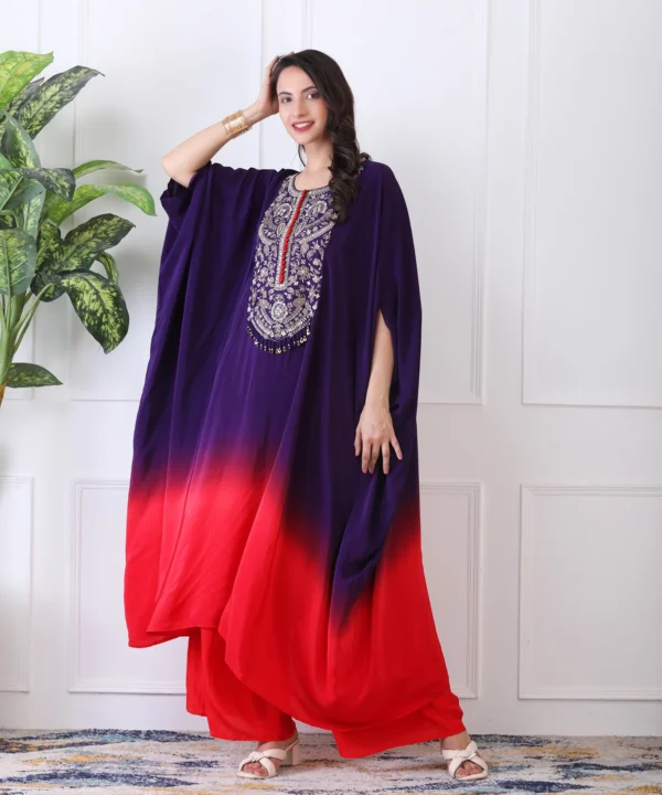 Purple-Red Chiffon Kaftan Kurta Cord Set with Sequin - Image 2