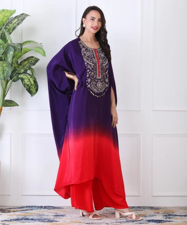 Purple-Red Chiffon Kaftan Kurta Cord Set with Sequin - Image 3