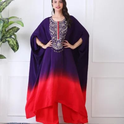 Purple-Red Chiffon Kaftan Kurta Cord Set with Sequin