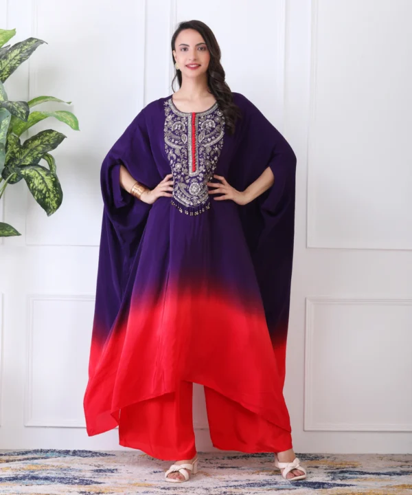 Purple-Red Chiffon Kaftan Kurta Cord Set with Sequin