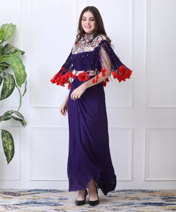 Purple Silk Cape Set with Zardozi Thread Handwork - Image 3
