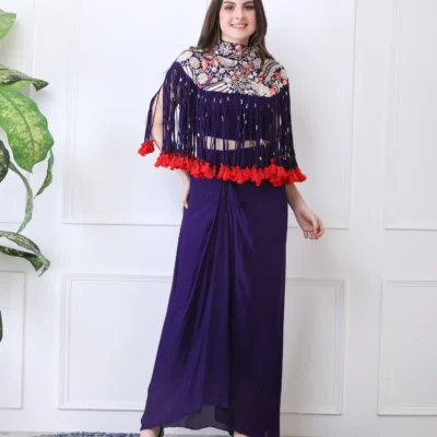 Purple Silk Cape Set with Zardozi Thread Handwork