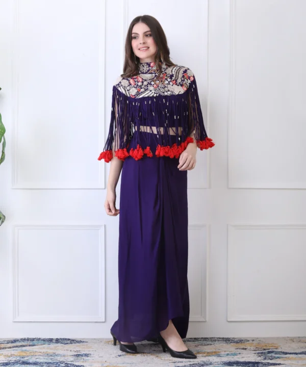 Purple Silk Cape Set with Zardozi Thread Handwork - Image 6
