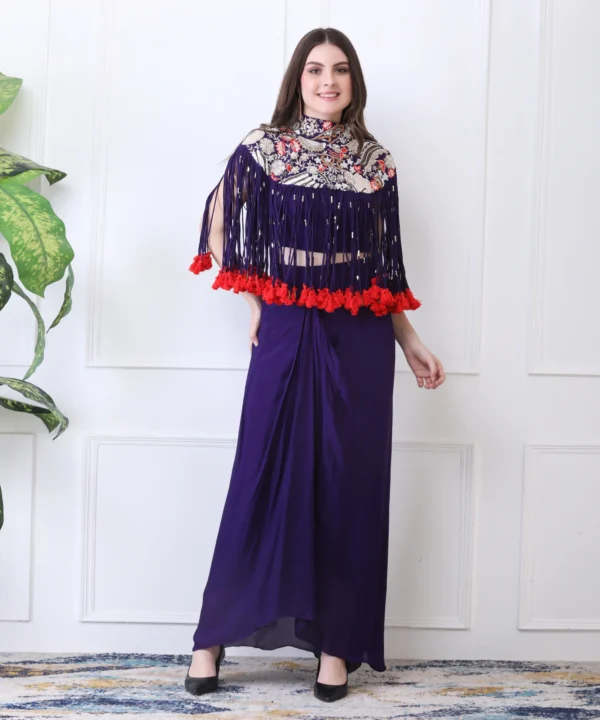 Purple Silk Cape Set with Zardozi Thread Handwork