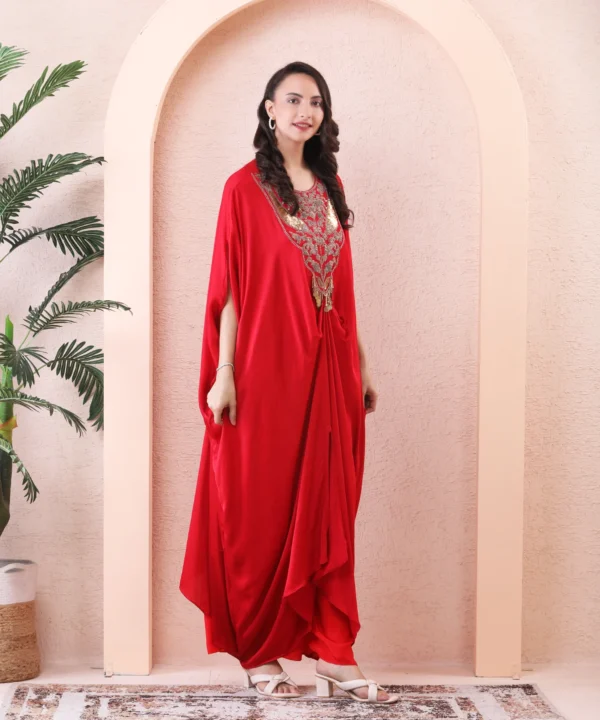 Red Crape Kaftan with Handwork - Image 4