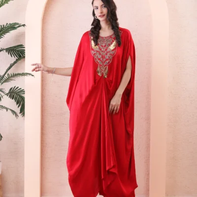 Red Crape Kaftan with Handwork