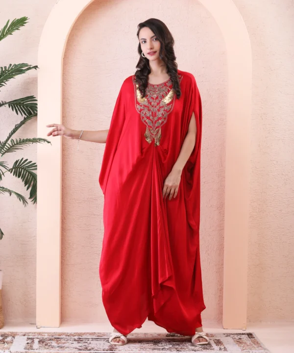 Red Crape Kaftan with Handwork