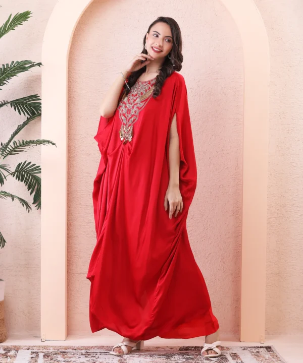 Red Crape Kaftan with Handwork - Image 3