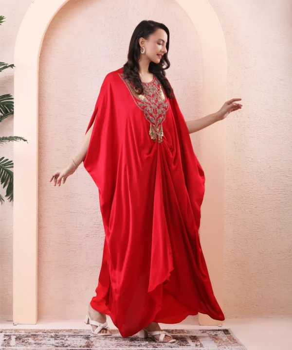 Red Crape Kaftan with Handwork - Image 5