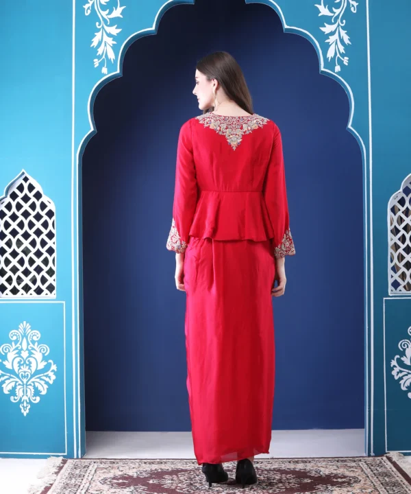 Red Satin Crape Peplum Top with Pastel Thread - Image 6
