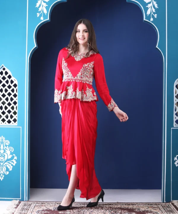 Red Satin Crape Peplum Top with Pastel Thread - Image 4