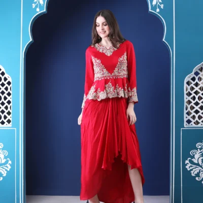 Red Satin Crape Peplum Top with Pastel Thread