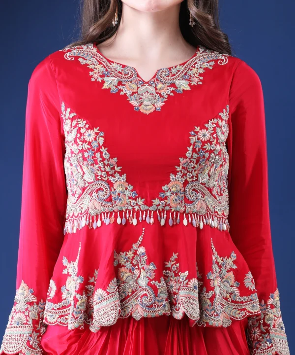 Red Satin Crape Peplum Top with Pastel Thread - Image 2