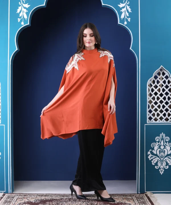 Rust Cape Top in Heavy Georgette with Sequin Handwork - Image 6