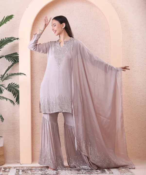 Silver Gray Chiffon Suit Set with Sequin-Embellished Short Kurti - Image 2