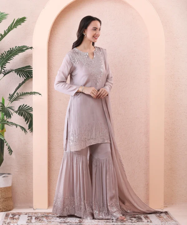 Silver Gray Chiffon Suit Set with Sequin-Embellished Short Kurti - Image 3