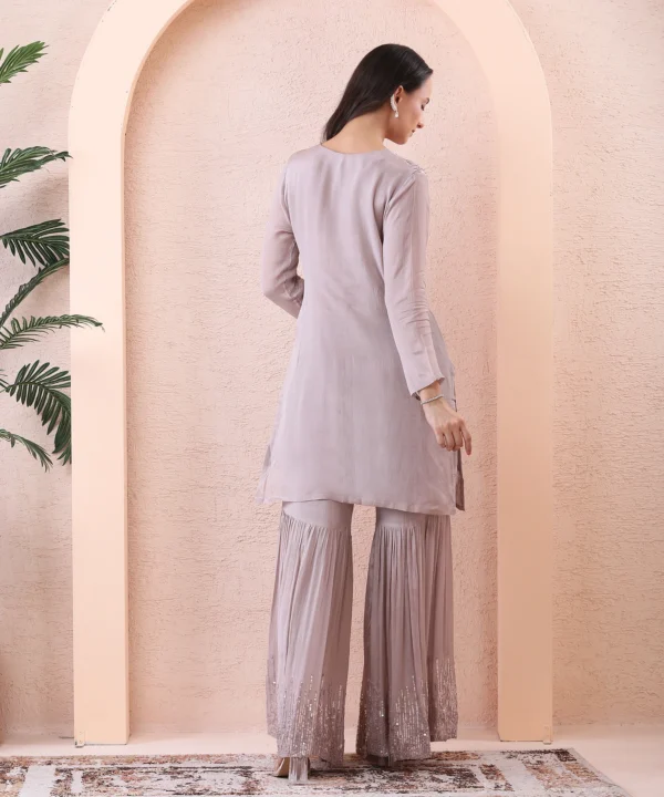 Silver Gray Chiffon Suit Set with Sequin-Embellished Short Kurti - Image 4