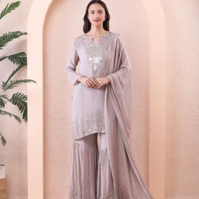Silver Gray Chiffon Suit Set with Sequin-Embellished Short Kurti