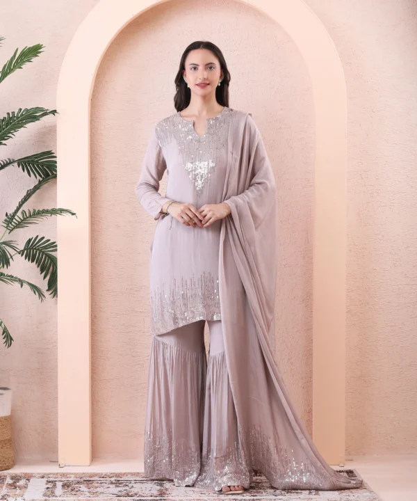 Silver Gray Chiffon Suit Set with Sequin-Embellished Short Kurti
