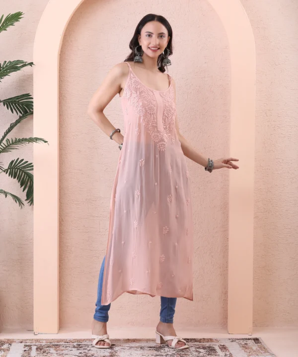 Peach Color Georgete Kurti with Chikan Embroidery - Image 4