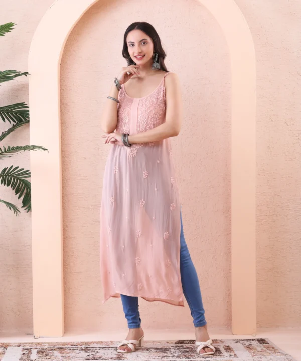 Peach Color Georgete Kurti with Chikan Embroidery - Image 3