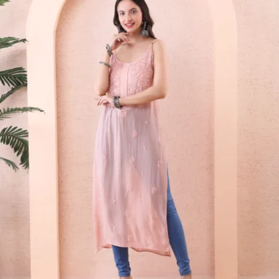 Peach Color Georgete Kurti with Chikan Embroidery