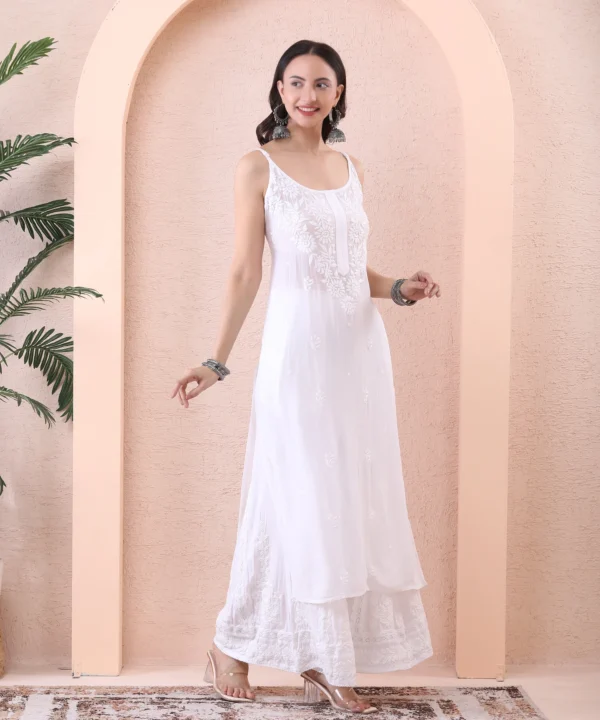 White Georgete Kurti with Chikan Embroidery - Image 4