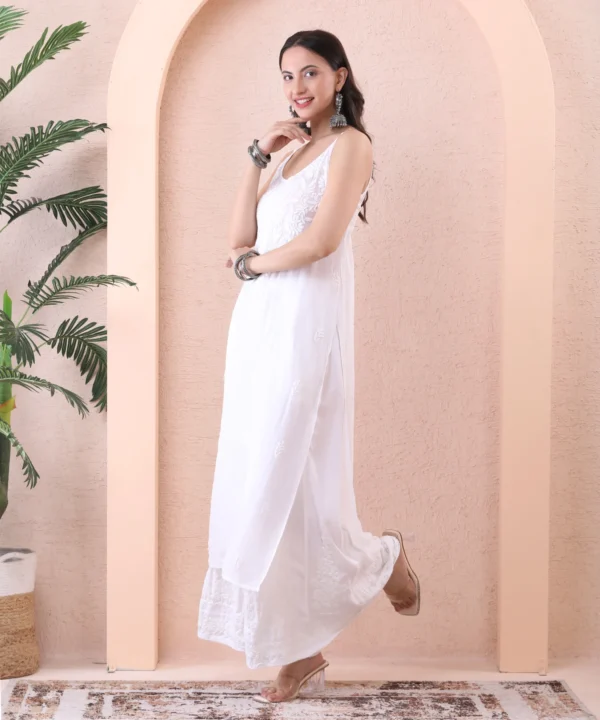White Georgete Kurti with Chikan Embroidery - Image 3