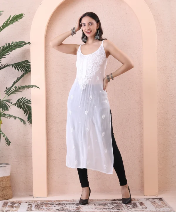 White Georgete Kurti with Chikan Embroidery - Image 5