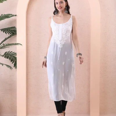 White Georgete Kurti with Chikan Embroidery