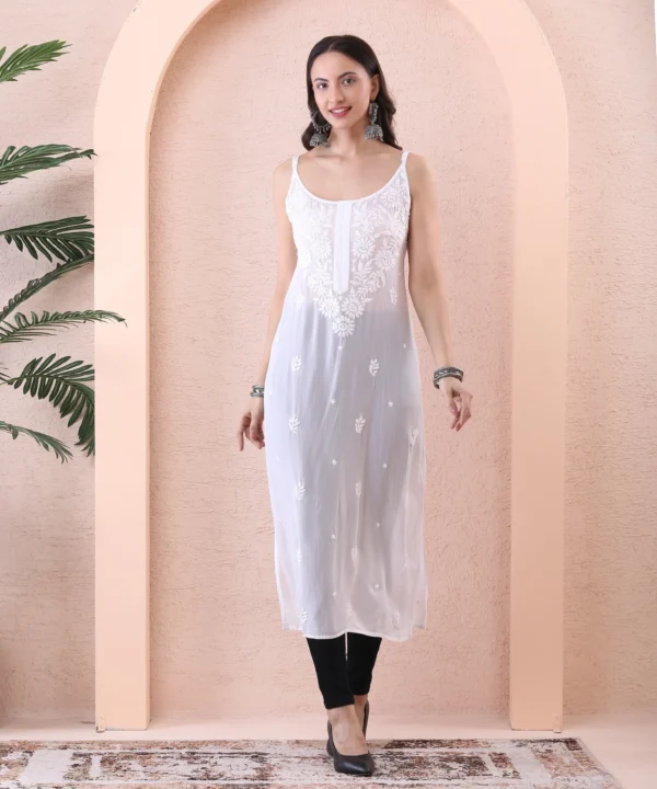 White Georgete Kurti with Chikan Embroidery