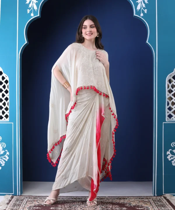 White Pink Cape Set in Georgette with Dhoti Skirt - Image 6