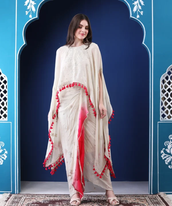 White Pink Cape Set in Georgette with Dhoti Skirt - Image 4