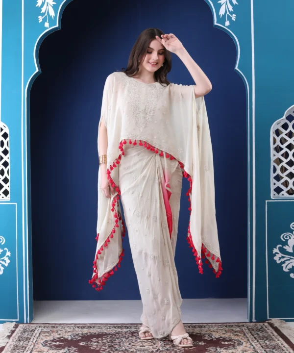 White Pink Cape Set in Georgette with Dhoti Skirt - Image 3