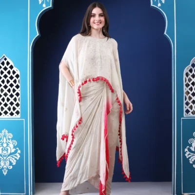 White Pink Cape Set in Georgette with Dhoti Skirt