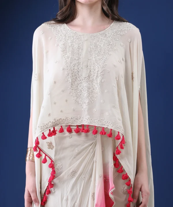 White Pink Cape Set in Georgette with Dhoti Skirt - Image 2