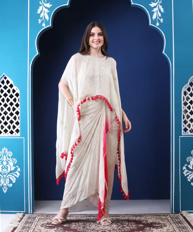 White Pink Cape Set in Georgette with Dhoti Skirt Harika
