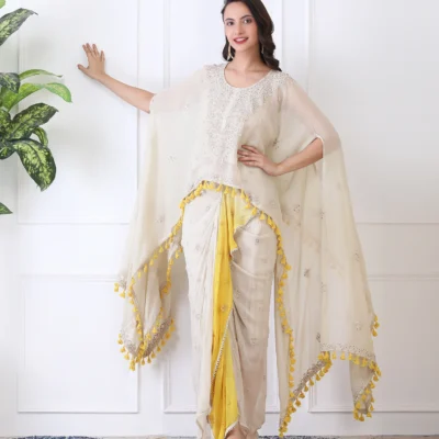 White Yellow Cape Set with Dhoti Skirt
