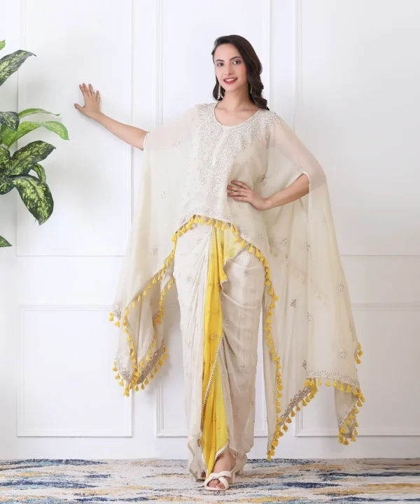 White Yellow Cape Set with Dhoti Skirt