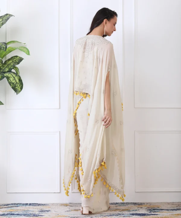 White Yellow Cape Set with Dhoti Skirt - Image 3