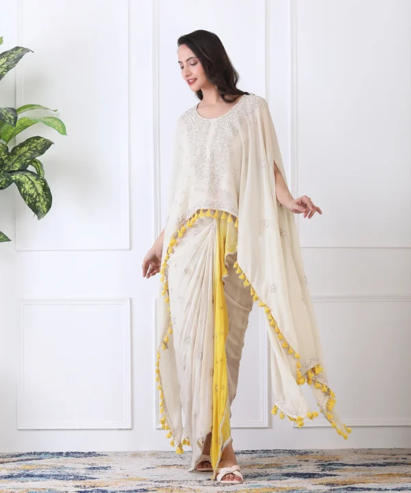 White Yellow Cape Set with Dhoti Skirt - Image 5