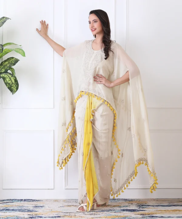 White Yellow Cape Set with Dhoti Skirt - Image 4