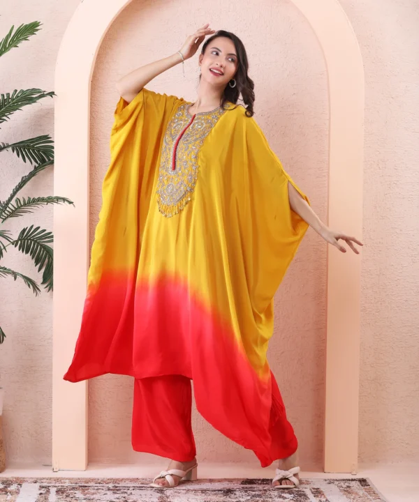 Yellow-Red Chiffon Kaftan Kurta Cord Set with Sequin - Image 2