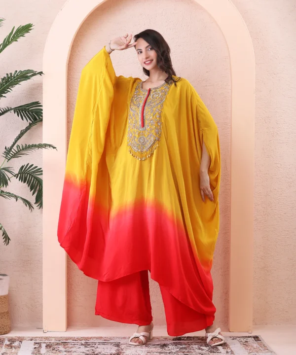 Yellow-Red Chiffon Kaftan Kurta Cord Set with Sequin - Image 3