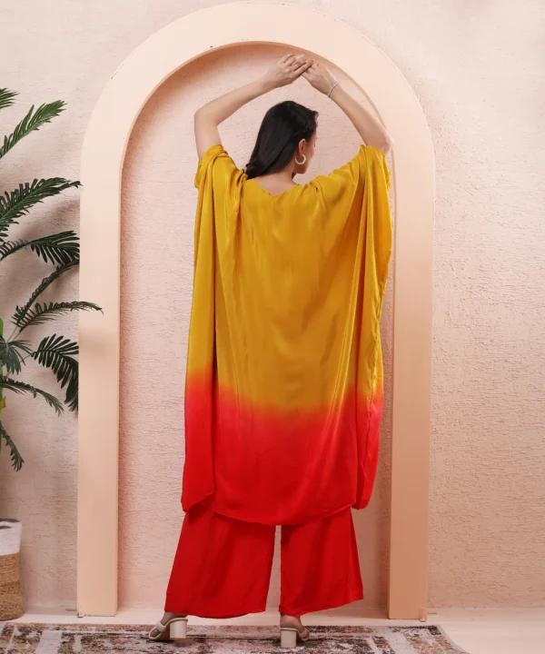 Yellow-Red Chiffon Kaftan Kurta Cord Set with Sequin - Image 4