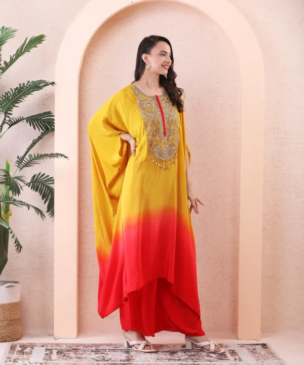 Yellow-Red Chiffon Kaftan Kurta Cord Set with Sequin - Image 5
