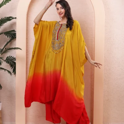 Yellow-Red Chiffon Kaftan Kurta Cord Set with Sequin