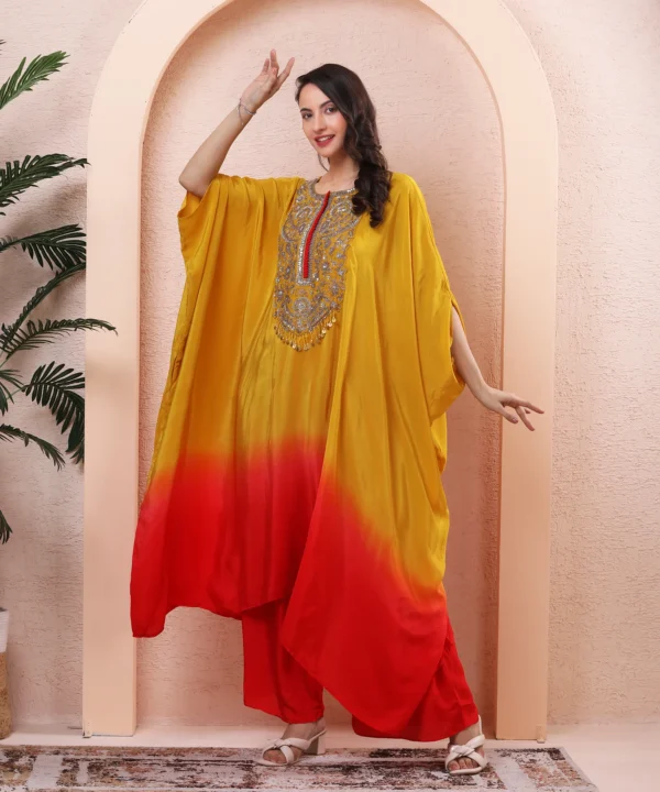 Yellow-Red Chiffon Kaftan Kurta Cord Set with Sequin